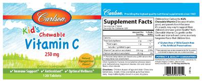 Photo of the Carlson Kid's Chewable Vitamin C 250 mg Natural Tangerine Flavor label