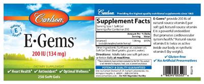 Photo of the Carlson E-Gems 200 IU (134 mg) label