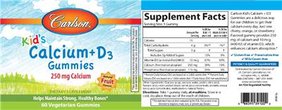Photo of the Carlson Kid's Calcium+D3 Gummies label