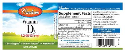 Photo of the Carlson Vitamin D3 1,000 IU (25 mcg) label