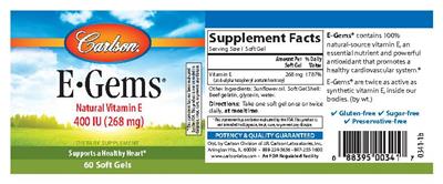 Photo of the Carlson E-Gems 400 IU (268 mg) label