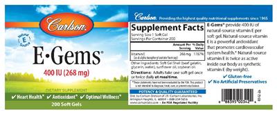 Photo of the Carlson E-Gems 400 IU (268 mg) label