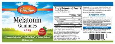 Photo of the Carlson Melatonin Gummies 2.5 mg Natural Strawberry Flavor label