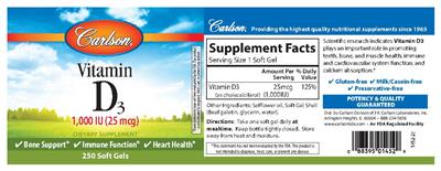 Photo of the Carlson Vitamin D3 1,000 IU (25 mcg) label