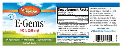 Photo of the Carlson E-Gems 400 IU (268 mg) label