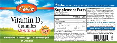 Photo of the Carlson Vitamin D3 Gummies 1,000 IU (25 mcg) Natural Fruit Flavors label