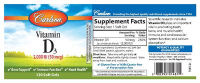 Photo of the Carlson Vitamin D3 2,000 IU (50 mcg) label