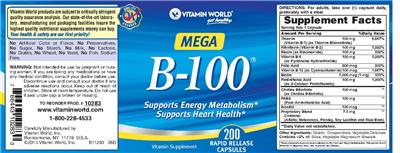 Photo of the Vitamin World Mega B-100 label