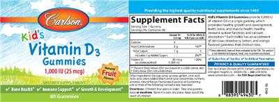 Photo of the Carlson Kid's Vitamin D3 Gummies 1,000 IU (25 mcg) Natural Fruit Flavors label
