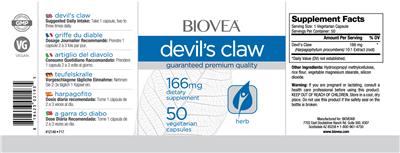 Photo of the BIOVEA Devil's Claw 166 mg label