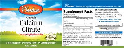 Photo of the Carlson Chewable Calcium Citrate 250 mg Natural Vanilla Flavor label