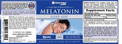 Photo of the Vitamin World Extra Strength Melatonin 5 mg label