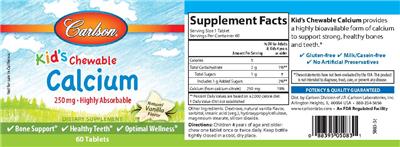 Photo of the Carlson Kid's Chewable Calcium 250 mg Natural Vanilla Flavor label