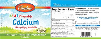 Photo of the Carlson Kid's Chewable Calcium 250 mg Natural Vanilla Flavor label