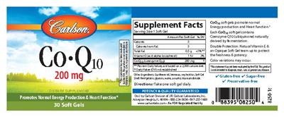 Photo of the Carlson Co-Q10 200 mg label