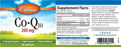 Photo of the Carlson Co-Q10 200 mg label
