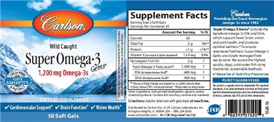Photo of the Carlson Super Omega-3 Gems 1200 mg label