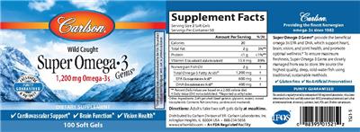 Photo of the Carlson Super Omega-3 Gems 1200 mg label