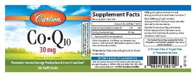 Photo of the Carlson Co-Q10 30 mg label