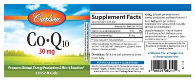 Photo of the Carlson Co-Q10 30 mg label