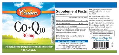 Photo of the Carlson Co-Q10 30 mg label