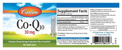 Photo of the Carlson Co-Q10 30 mg label