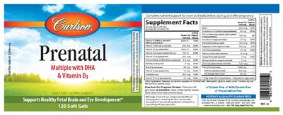Photo of the Carlson Prenatal Multiple with DHA & Vitamin D3 label