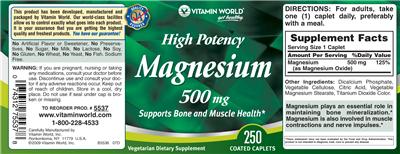 Photo of the Vitamin World High Potency Magnesium 500 mg label