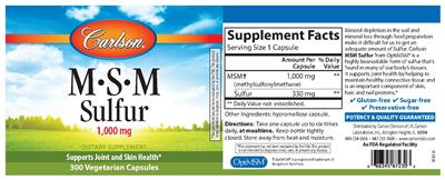 Photo of the Carlson M-S-M Sulfur 1,000 mg label