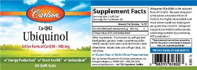 Photo of the Carlson Co-QH2 Ubiquinol 100 mg label