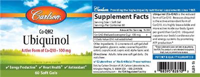 Photo of the Carlson Co-QH2 Ubiquinol 100 mg label