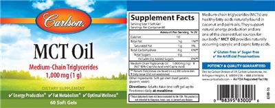 Photo of the Carlson MCT Oil 1000 mg (1 g) label