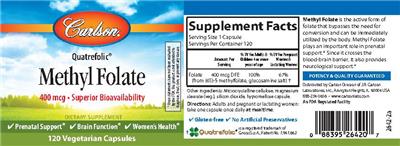 Photo of the Carlson Methyl Folate 400 mcg label