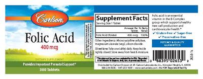Photo of the Carlson Folic Acid 400 mcg label