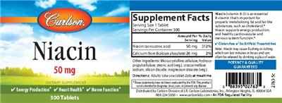 Photo of the Carlson Niacin 50 mg label