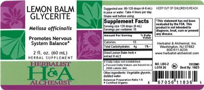 Photo of the Herbalist & Alchemist Lemon Balm Glycerite label