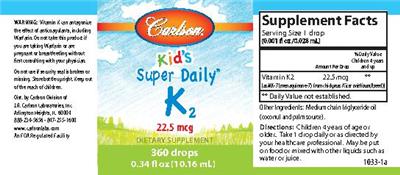 Photo of the Carlson Kid's Super Daily K2 22.5 mcg label