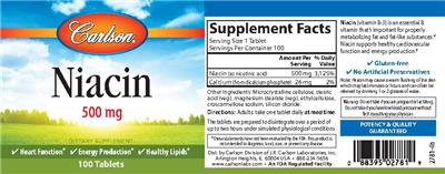 Photo of the Carlson Niacin 500 mg label