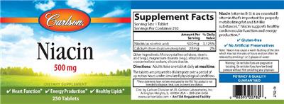 Photo of the Carlson Niacin 500 mg label