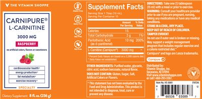 Photo of the The Vitamin Shoppe Carnipure L-Carnitine 3000 mg Raspberry label