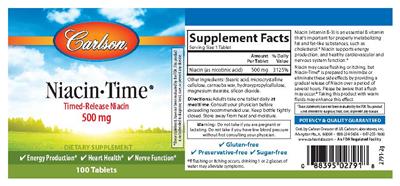 Photo of the Carlson Niacin-Time 500 mg label