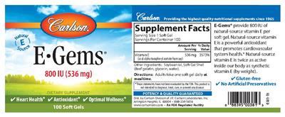 Photo of the Carlson E-Gems 800 IU (536 mg) label