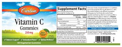 Photo of the Carlson Vitamin C Gummies 250 mg Natural Orange Flavor label