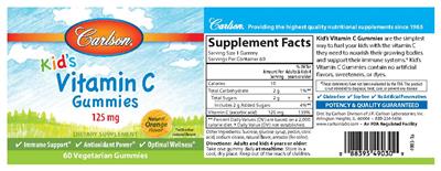 Photo of the Carlson Kid's Vitamin C Gummies 125 mg Natural Orange Flavor label