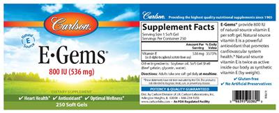 Photo of the Carlson E-Gems 800 IU (536 mg) label