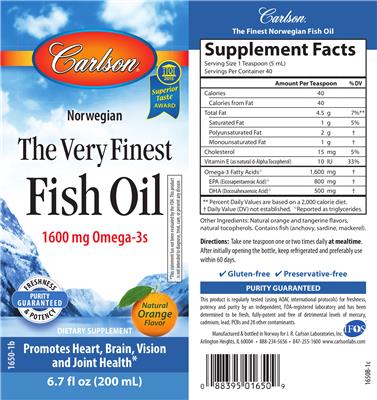 Photo of the Carlson The Very Finest Fish Oil Natural Orange Flavor label