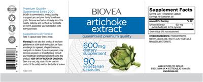 Photo of the BIOVEA Artichoke Extract 600 mg label