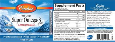 Photo of the Carlson Super Omega-3 Gems 1,200 mg label