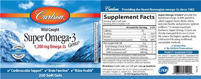 Photo of the Carlson Super Omega-3 Gems 1,200 mg label