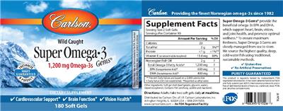 Photo of the Carlson Super Omega-3 Gems 1,200 mg label